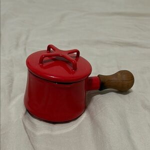Red Enamel Saucepan with Wooden Handle